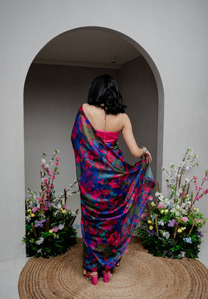 Back view of Back from Vacay Saree, showcasing the elegant drape and intricate hand-appliqué detailing on the pallu.