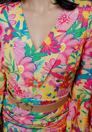 Vibrant floral midi dress with a draped silhouette, perfect for beach vacations, tropical getaways, and summer brunches – Ur•Mish