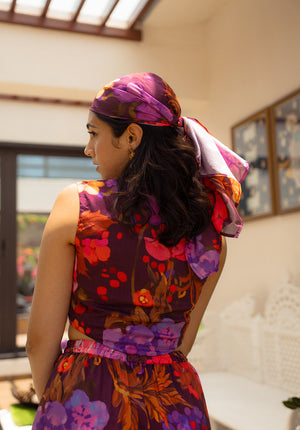 Back pose showing complete floral coord set with waistcoat and skirt — versatile and eye-catching.