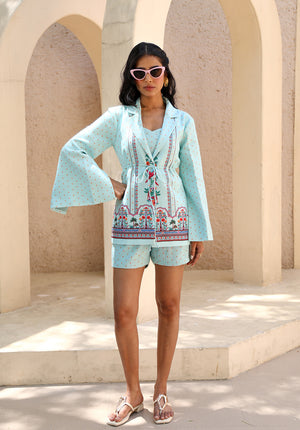 Full front view of Birdsong blazer and shorts coord set