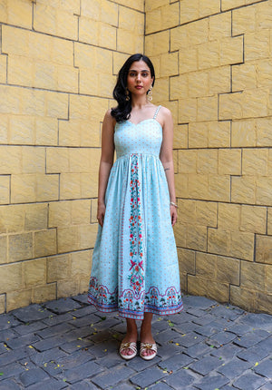 Full styling shot of Birdsong blue maxi dress