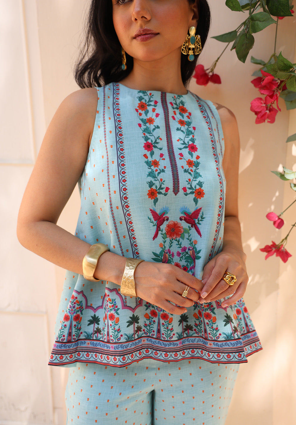 Close-up front detail of Birdsong floral printed top