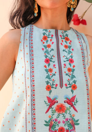 Close-up neckline and print detail of Birdsong sleeveless top
