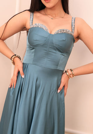 Celeste Dress skirt flare detail, showing fluid satin drape and wide flowy movement.