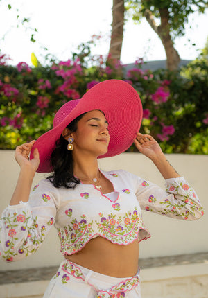 Close-up of short top with 3/4th sleeves featuring delicate detailing — stylish and breezy