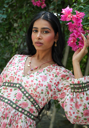 Close-up portrait of Elysia floral dress
