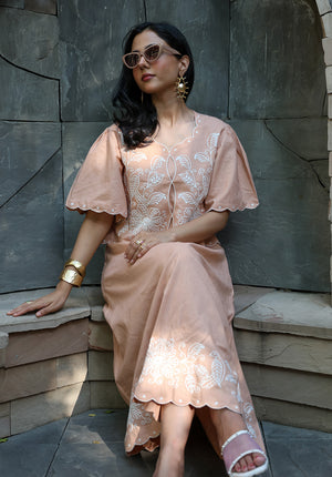 Full front view of fawn embroidered coord set with flowy silhouette