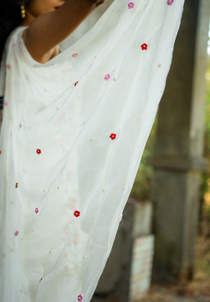 Close-up of ivory dupatta with subtle embellishments, completing the sharara set.