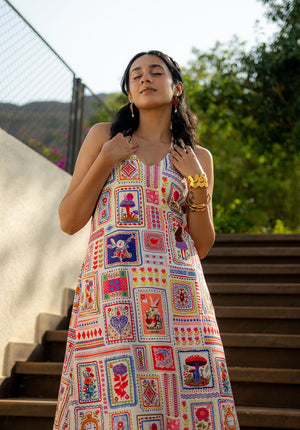 Close-up showing creative mix of prints including card motifs on the kurta set.