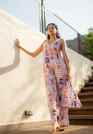 Model wearing matching printed kurta and pant set, perfect for a stylish casual wear look.