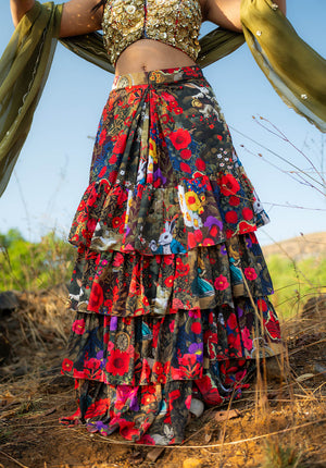 Front view of long skirt with layered and gathered design.