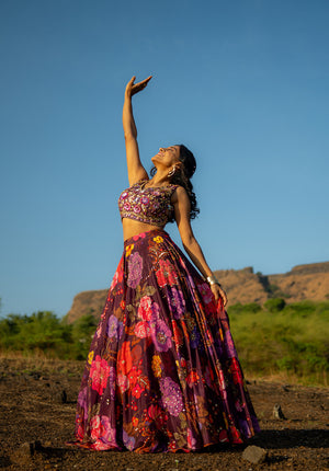 Model looking upward wearing a breathable and flexible lehenga set, ideal for festive or summer occasions.