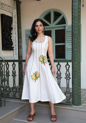 Full front view of ivory Parasio dress with embroidered parrots and floral motifs