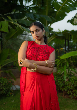 Relaxed and flexible red lehenga set showcasing comfort and elegance for effortless styling.