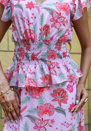 Close-up of smocked waist detail on Secret Garden coord set
