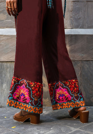 Close-up of printed flared pants on Serena coord set