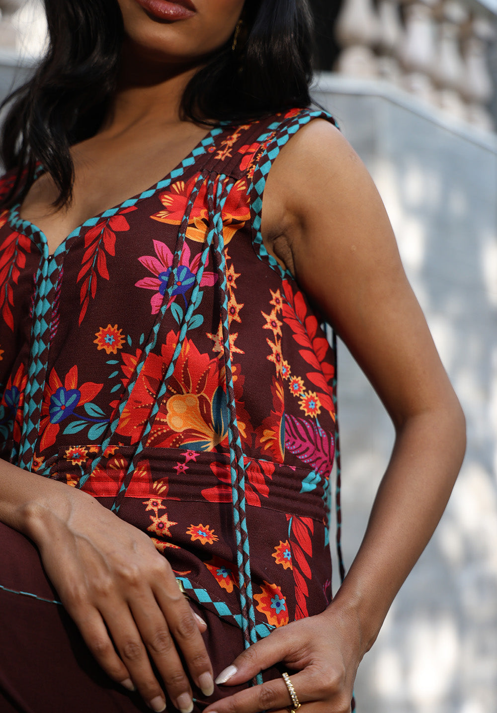 Close-up of waist tie detail on Serena coord set