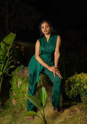 Model standing in a co-ord set featuring a blazer and matching pants