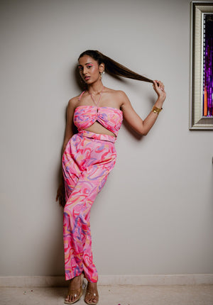 Model wearing the 1998 Coord Set – a vintage-inspired draped tie-up top with pleats and tailored straight pants.