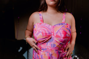 Model wearing the digitally printed 1998 Jumpsuit for a resort vacation look