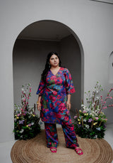 Model wearing the Back from Vacay Kurta Set—a digitally printed Mysore cotton kurta with bell sleeves and straight pants.
