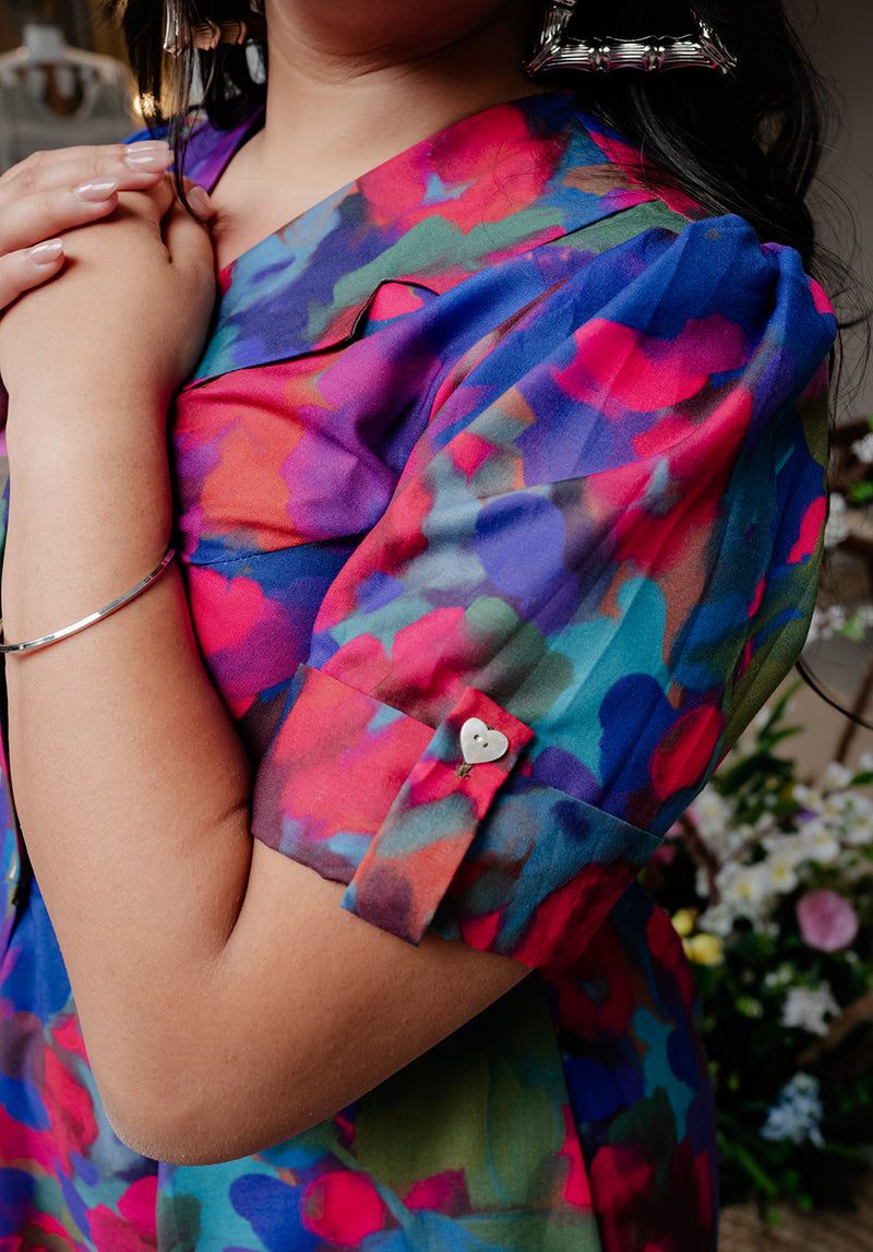 Close-up of the button-down closure and notch collar detail on the Back from Vacay Dress