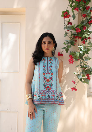 Front view of Birdsong coord set with printed top and pants
