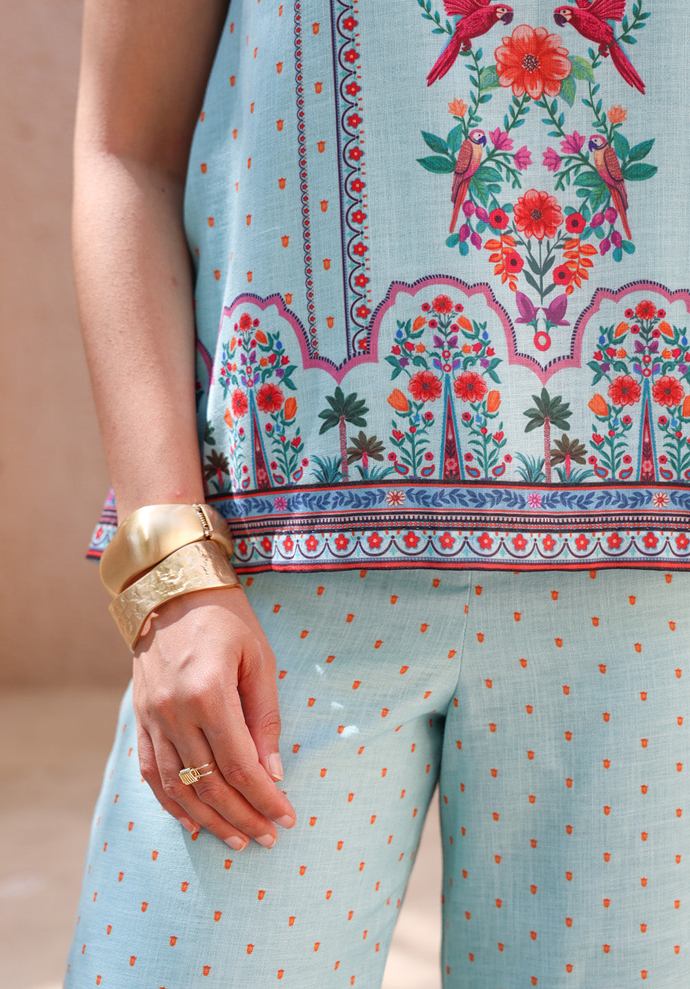 Close-up hem and pants detail of Birdsong coord set