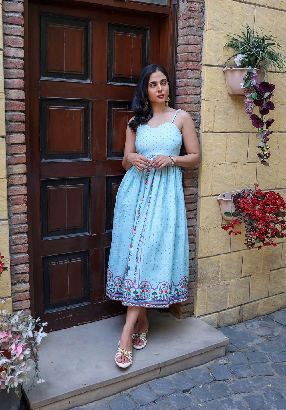 Front view of Birdsong sleeveless floral dress