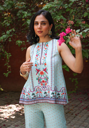 Portrait view of Birdsong embroidered sleeveless top