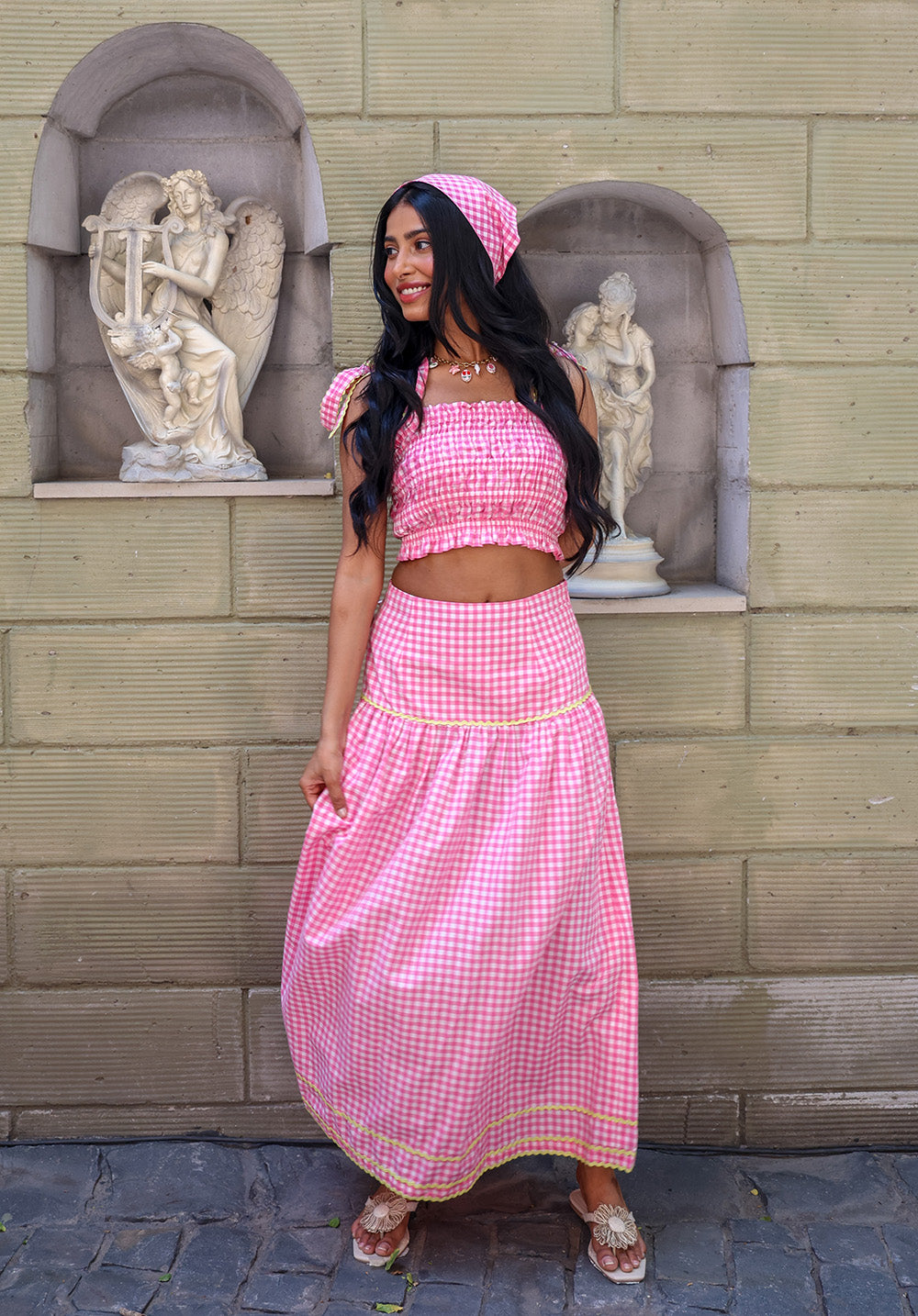 Front view of Blush Crush pink gingham maxi skirt with coord set