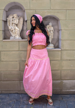 Front view of Blush Crush pink gingham maxi skirt with coord set