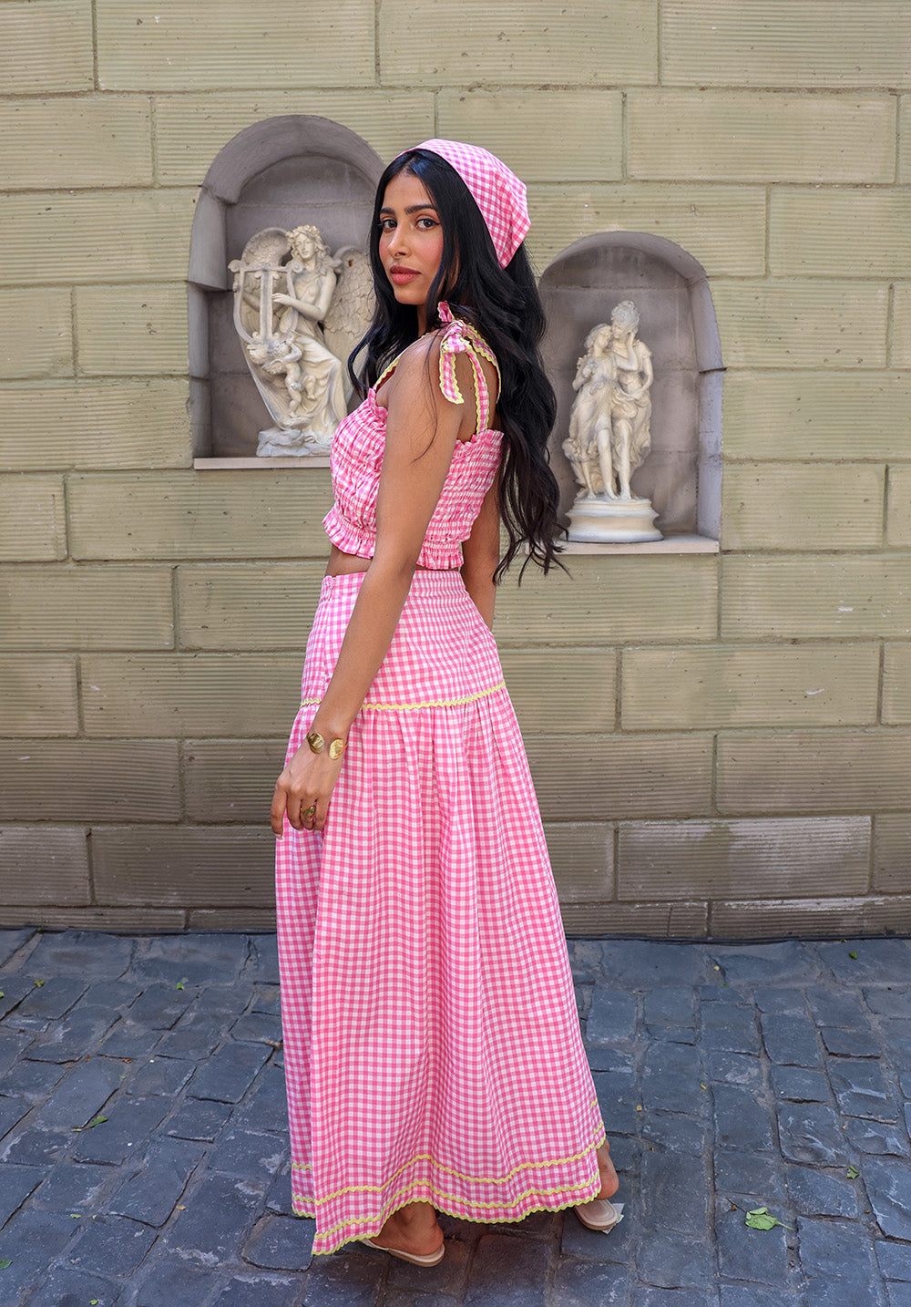 Side view of Blush Crush pink gingham coord set