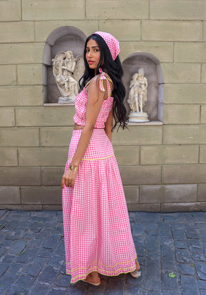 Side view of Blush Crush pink gingham coord set