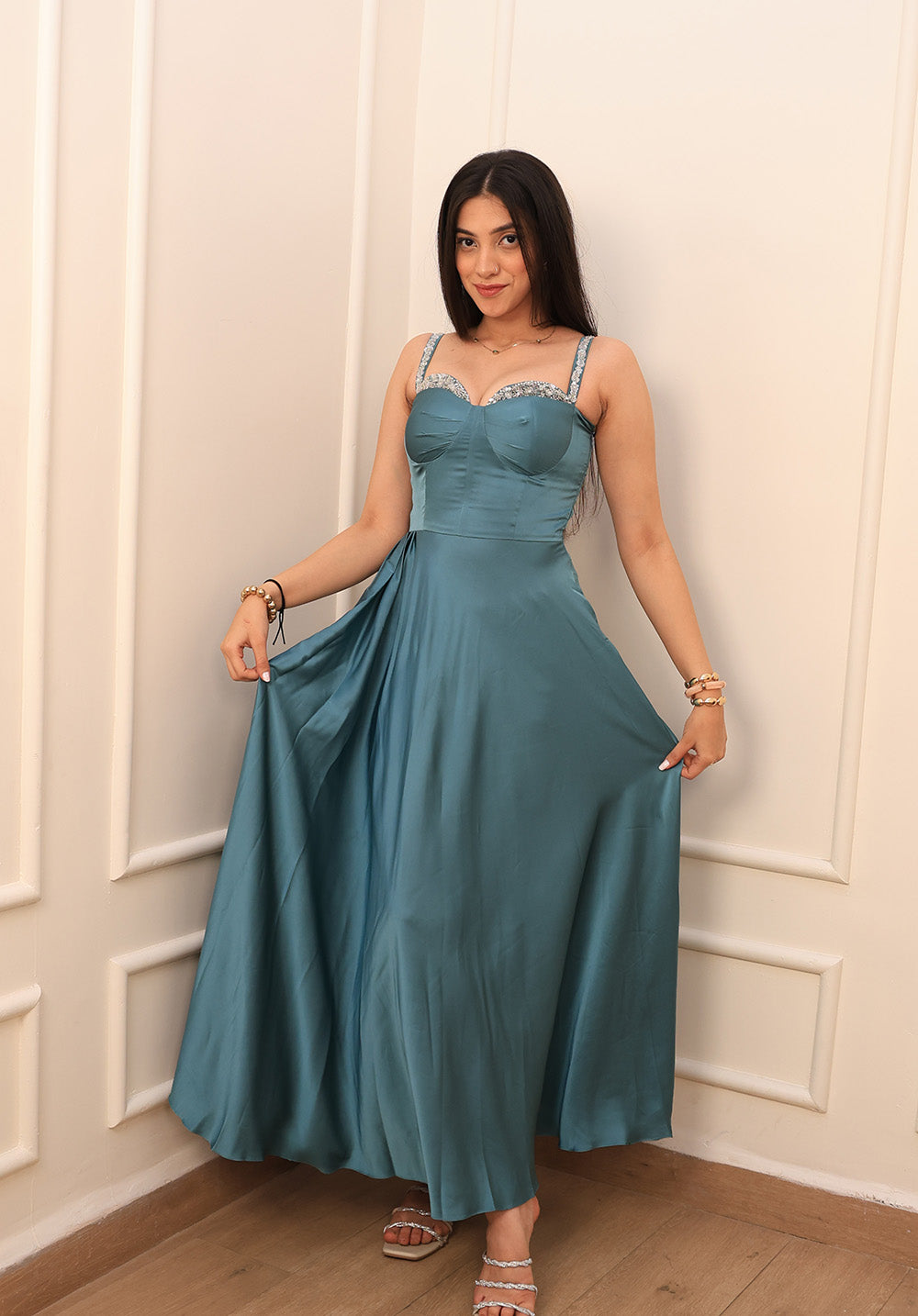 Close-up front view of the Celeste satin evening dress with embroidered straps and sweetheart neckline.