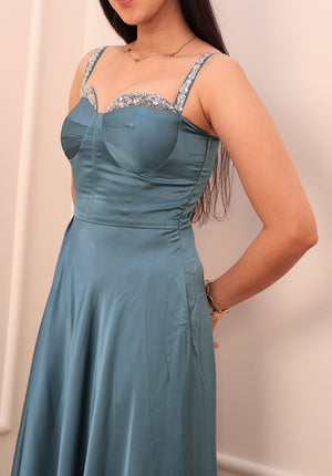 Side view of the Celeste Dress showing structured sweetheart bodice, embellished straps, and smooth satin finish.