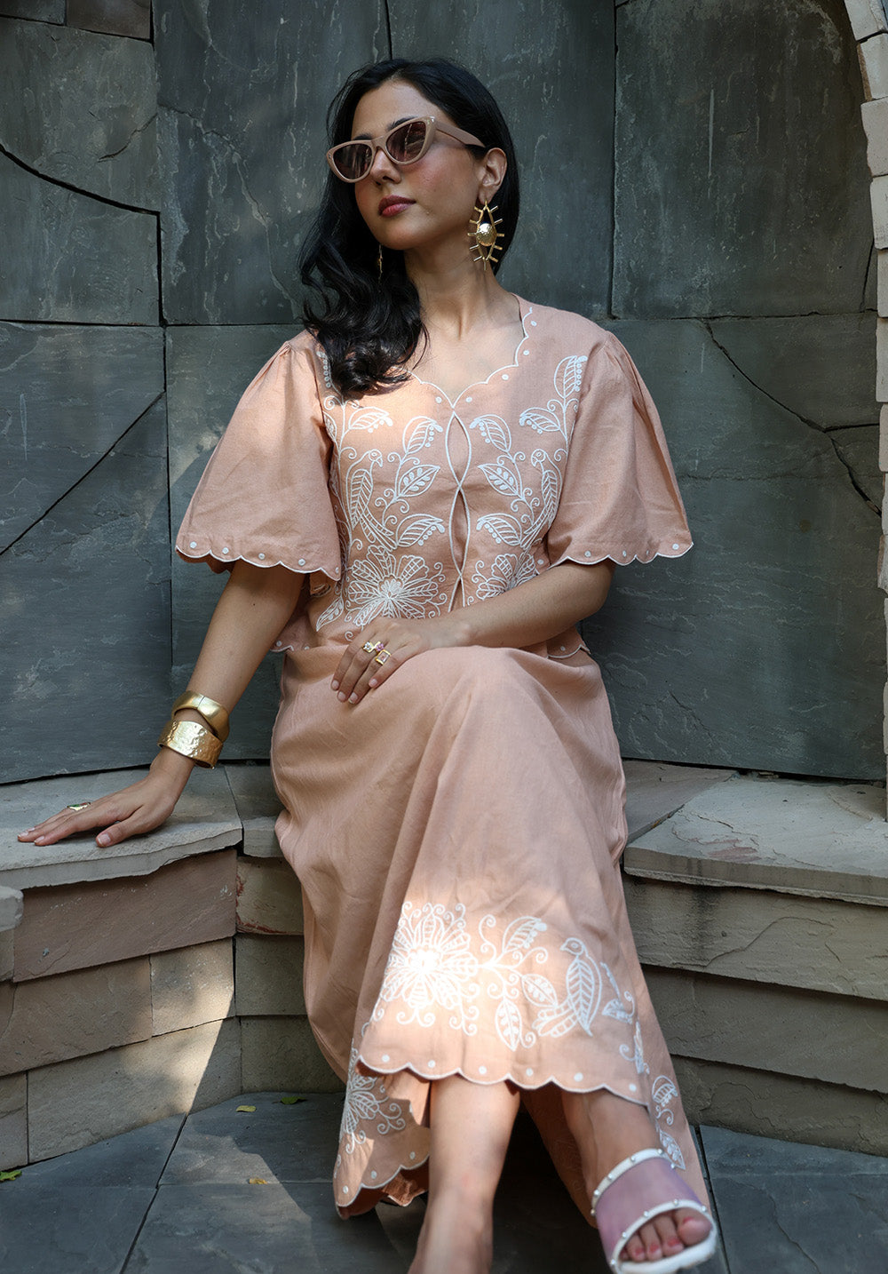 Full front view of fawn embroidered coord set with flowy silhouette