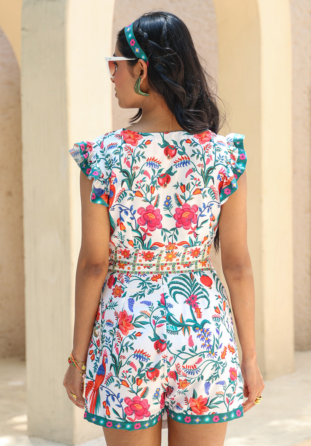 Back view of June floral crop top and shorts coord set