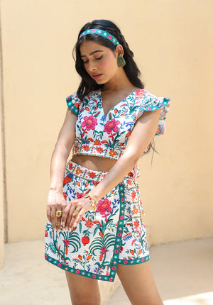 Front view of June floral printed coord set with crop top and shorts
