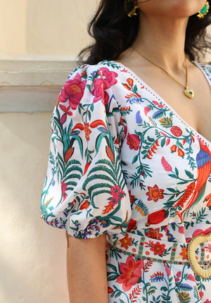 Side close-up view of June printed mini dress with puff sleeves