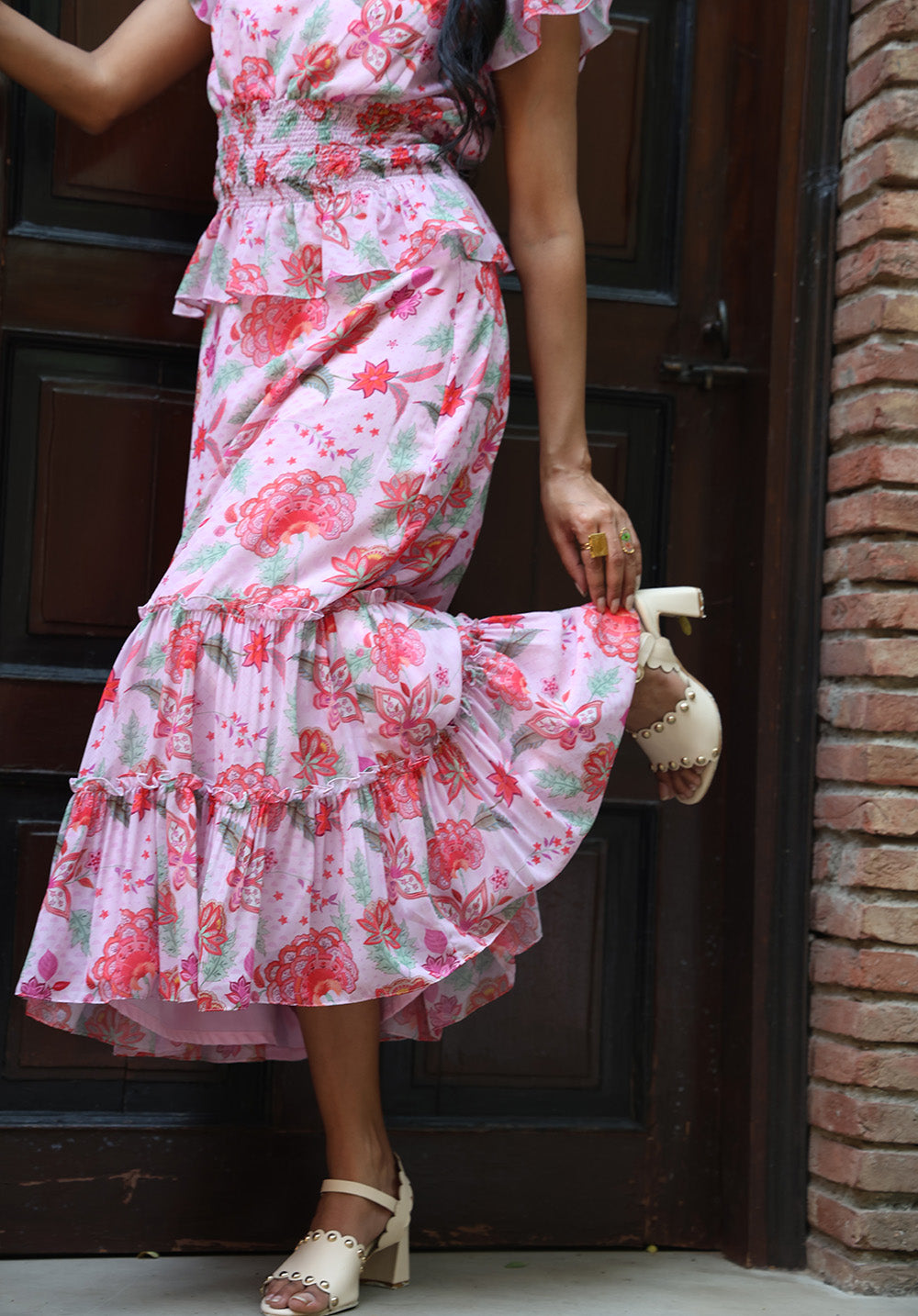 Flowy movement shot of Secret Garden floral coord set