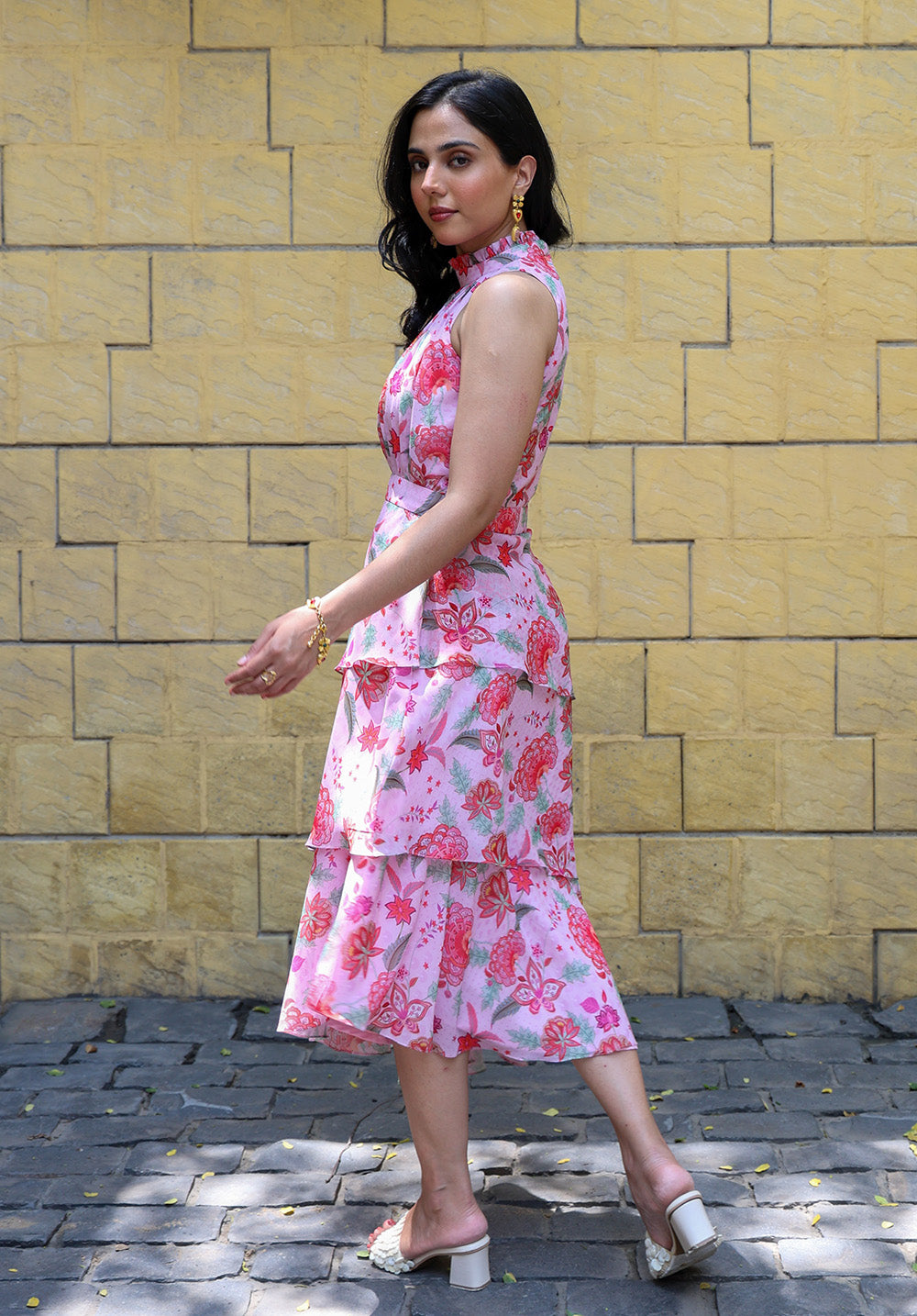 Side view of Secret Garden pink printed midi dress
