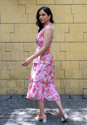 Side view of Secret Garden pink printed midi dress