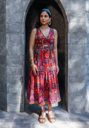 Portrait view of Serena dark floral midi dress