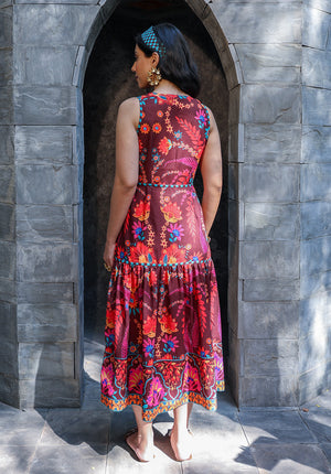 Full-length front view of Serena floral midi dress