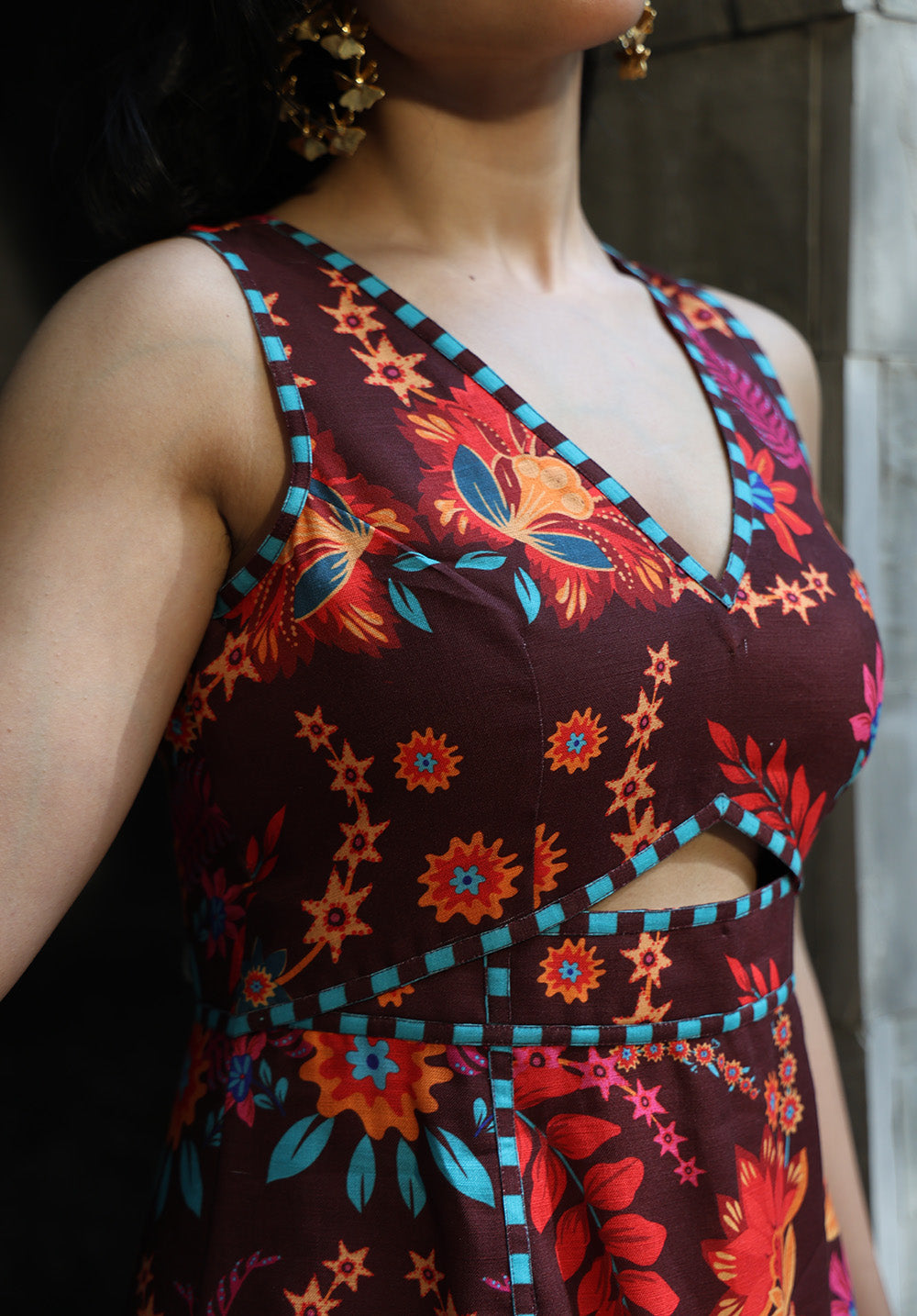 Close-up of neckline detail on Serena floral dress