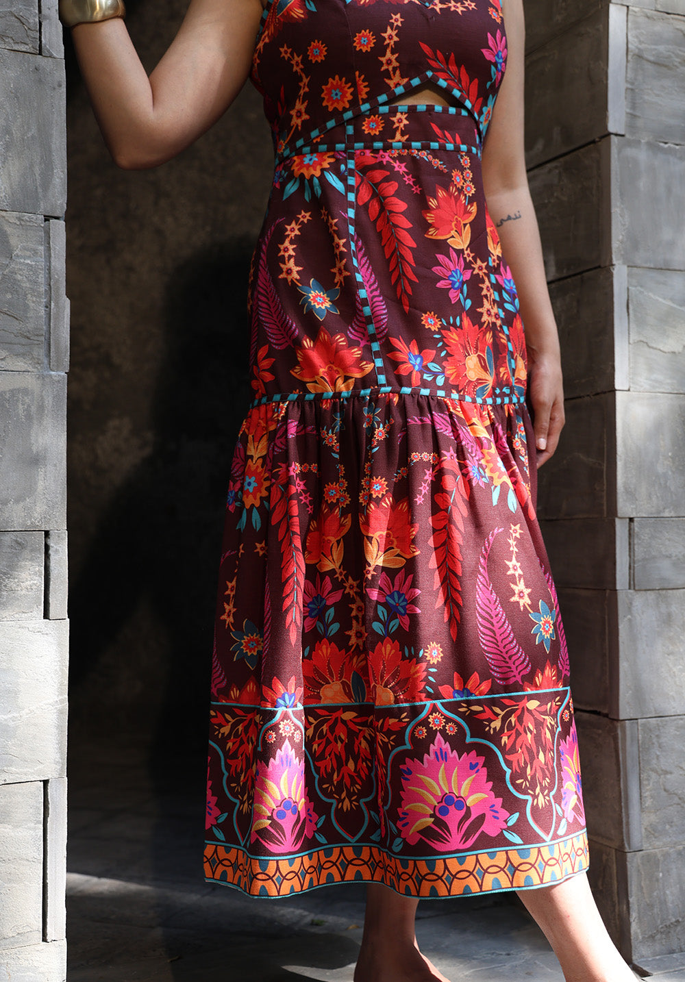 Close-up of tiered hem detail on Serena dress