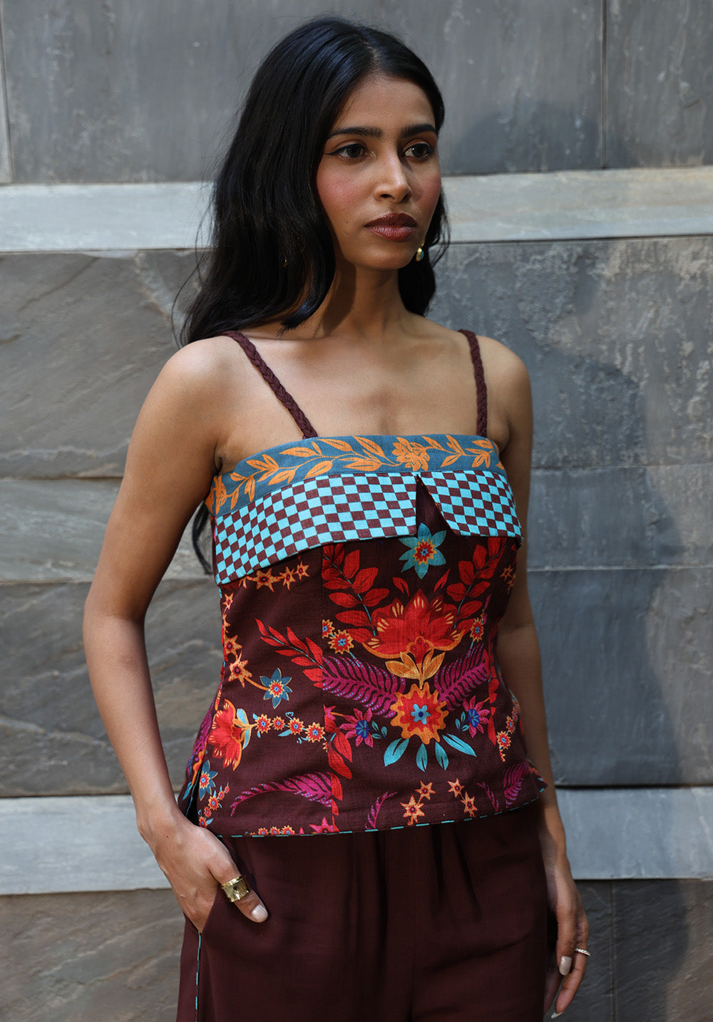 Front view of Serena dark floral printed top